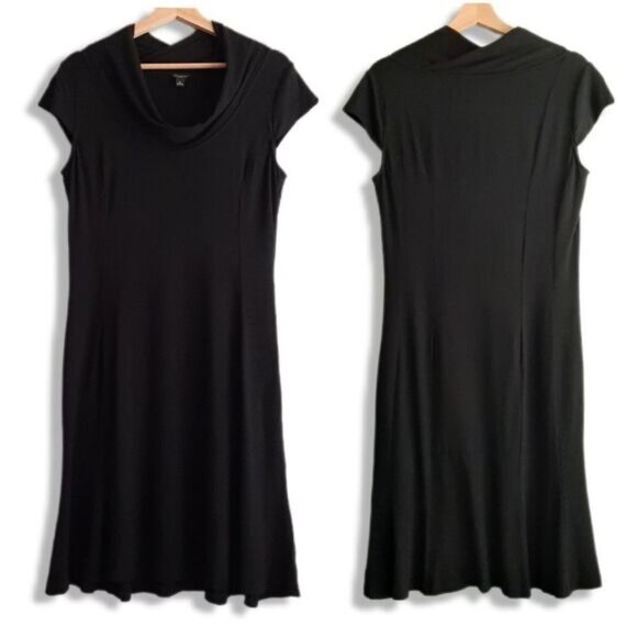 ANN TAYLOR Cowl Neck Stretchy Short Sleeve Comfy Knee Length Dress Black Sz 8 - Picture 1 of 15